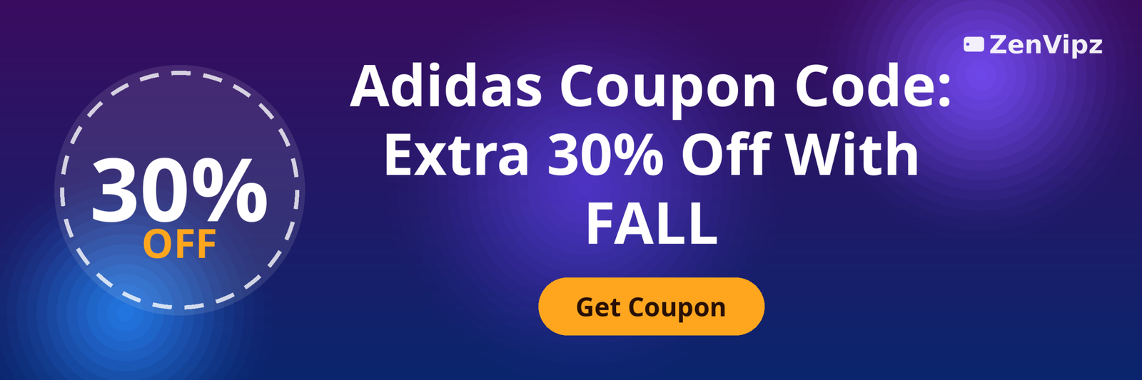 Adidas coupon code October 2026, extra 30 percent off shoes and clothing, purple-blue gradient with coupon badge