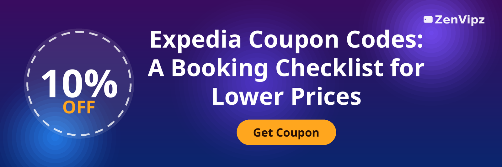 Expedia coupon code badge showing 10 percent off the next booking