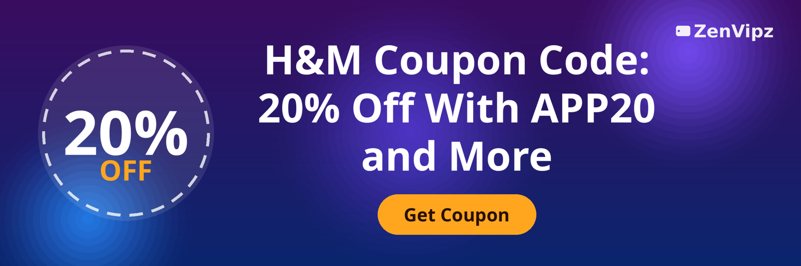 H&M coupon code October 2026, 20 percent off fashion and homeware, purple-blue gradient with coupon badge