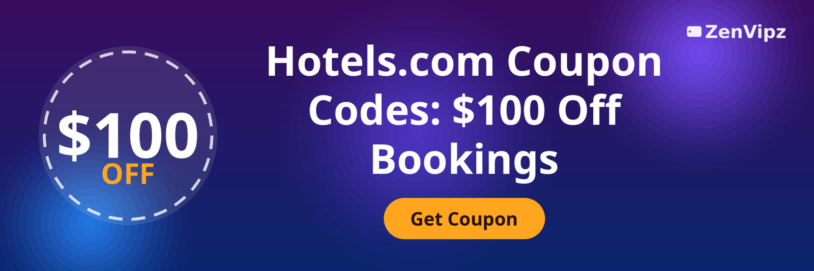 Hotels.com coupon codes page showing a $100 off hotel booking deal badge