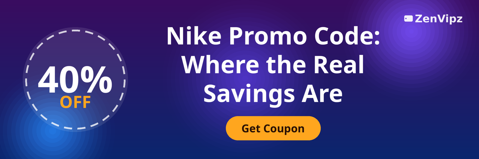 Nike sale with up to 40 percent off badge on a purple and blue gradient background with a coupon badge