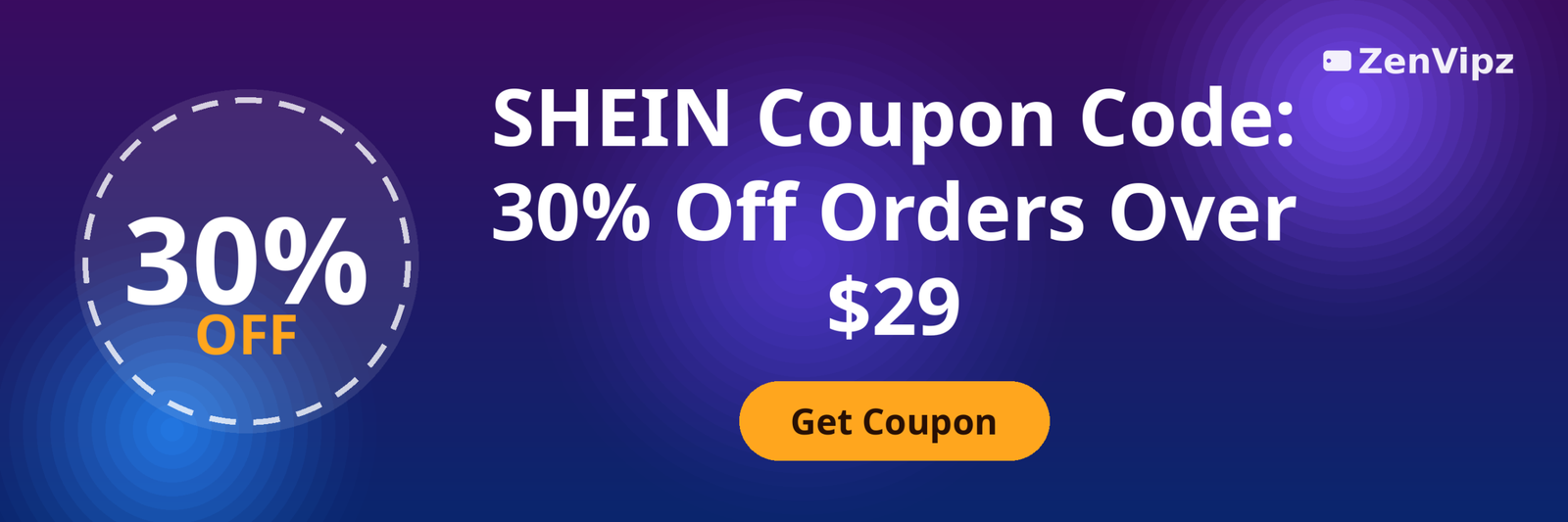 SHEIN 30 percent off coupon code offer on a purple and blue gradient background with a coupon badge